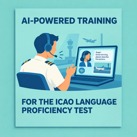 Abbildung eines Piloten, der den KI-Sprachtrainer „sayagain.aero Language Proficiency AI Trainer“ auf einem Laptop zur Vorbereitung auf den ICAO-Sprachtest nutzt; auf dem Bildschirm ist ein Ausbilder zu sehen, der die Englisch-Sprachübungen anleitet, im Hintergrund ist ein Flughafen-Kontrollturm zu erkennen.